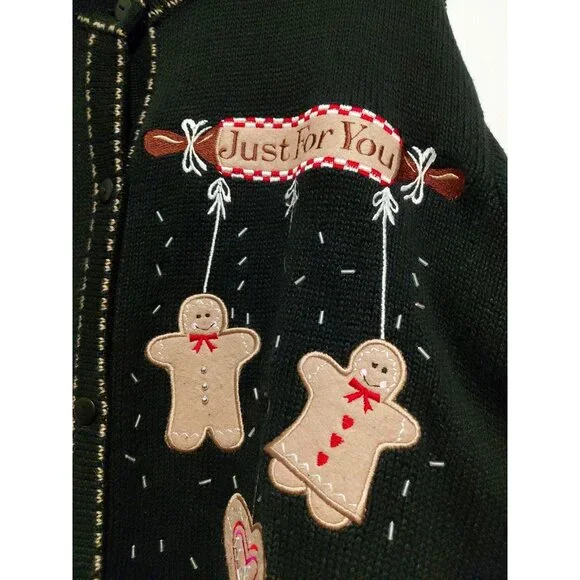 Quacker Factory Vintage Novelty Gingerbread Holiday Cardigan Black 2X - Picture 3 of 8